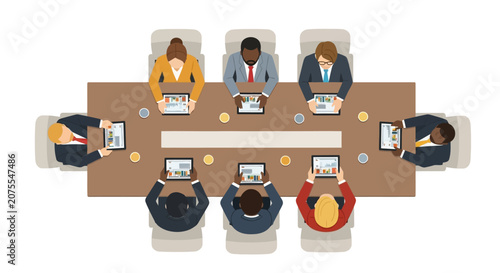 Diverse Business Team Meeting Around Boardroom Table with Digital Tablets Top View Illustration