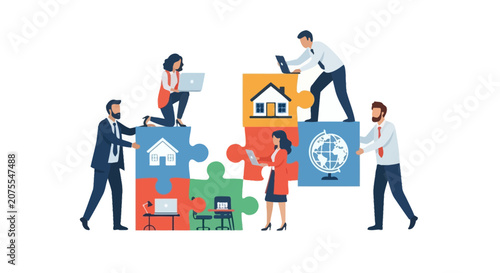 Business People Collaborating to Assemble Puzzle Pieces Representing Remote Work, Global Connectivity, and Home Office Solutions