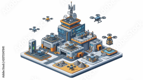 Photography Futuristic city with drones and modern buildings.