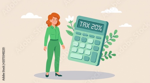 Woman in green outfit standing next to large calculator with tax 20% display