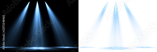Fotografie Transparent png of three blue stage spotlights with bright glowing beams and lig
