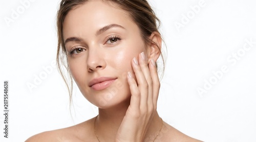 Beautiful young woman touching her clean healthy skin on white background.