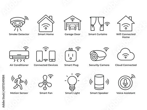 Smart Home Technology Line Icons Featuring Home Security, IoT Devices and Wireless Automation Vector Set