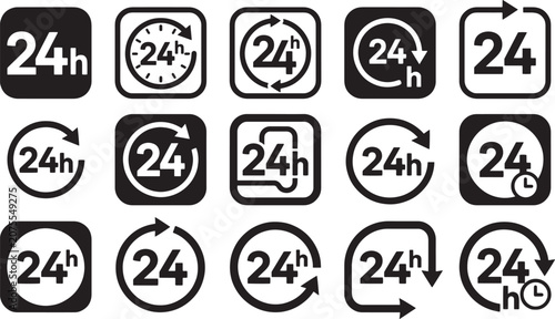 Obraz na plátně 24 Hours Open Sign and Non-Stop Service Icon Set, Black and White Vector Symbols