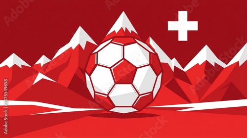 Switzerland Soccer Jersey Design with Alpine Mountain Peaks Crest Vector, Swiss Football Ball Emblem with National Cross, Minimalist Red and White Sport Apparel Graphic Element