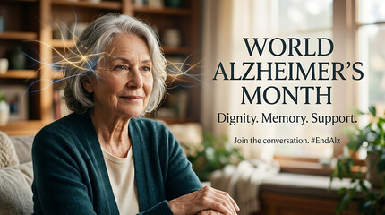 World Alzheimer's Month awareness banner with senior woman