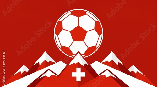 Switzerland Soccer Jersey Design with Alpine Mountain Peaks Crest Vector, Swiss Football Ball Emblem with National Cross, Minimalist Red and White Sport Apparel Graphic Element