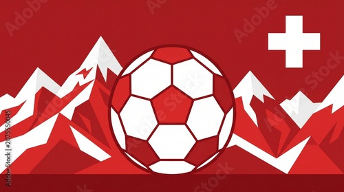 Switzerland Soccer Jersey Design with Alpine Mountain Peaks Crest Vector, Swiss Football Ball Emblem with National Cross, Minimalist Red and White Sport Apparel Graphic Element