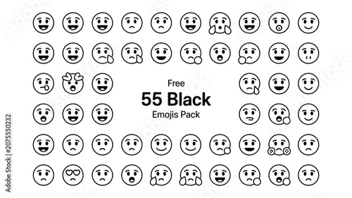 Konstfotografi Adobe Illustrator ArtworkCollection of 55 Black and White Emoji Faces, Expressin