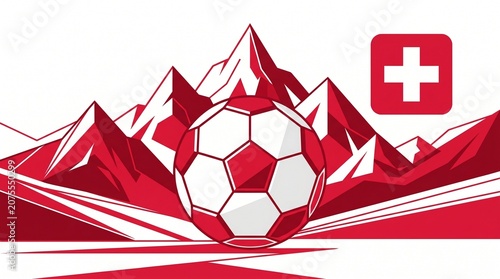 Switzerland Soccer Jersey Design with Alpine Mountain Peaks Crest Vector, Swiss Football Ball Emblem with National Cross, Minimalist Red and White Sport Apparel Graphic Element