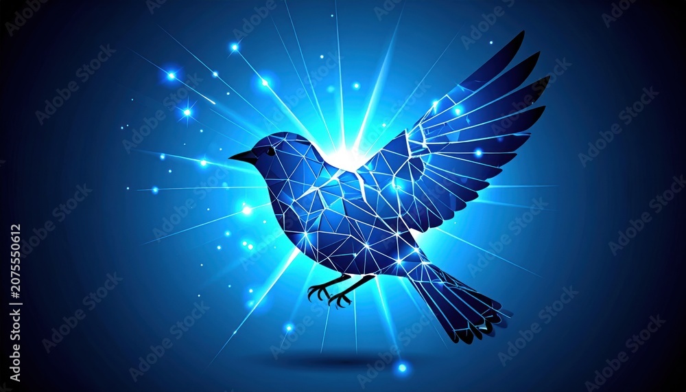 Fototapeta premium Blue digital bird, wings spread, composed of polygons, radiating light, on dark blue