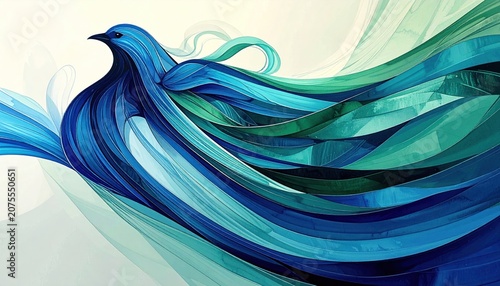 Stylized blue bird with flowing ethereal wings against a light background