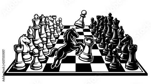 Tableau sur toile Chess Game Strategy: Horse and Pawn Battle on Board
