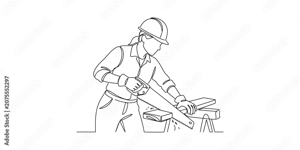Obraz premium A line art illustration of a carpenter sawing wood with a handsaw.