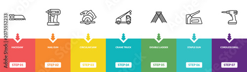 Photos outline construction tools icons set - hacksaw, nail gun, circular saw, cordless drill