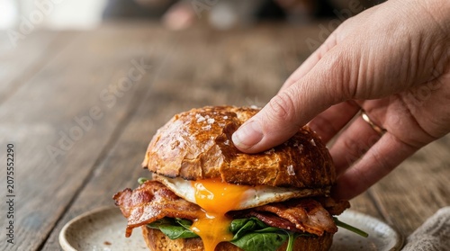 Gourmet Breakfast Burger with Runny Egg and Crispy Bacon on Rustic Wooden Table Website Banner with Copy Space