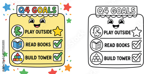 Cute kids goal tracker chart with colored and black and white outline coloring page vector. Toddler daily routine activity sheet with dinosaur, reading, and block building icons.