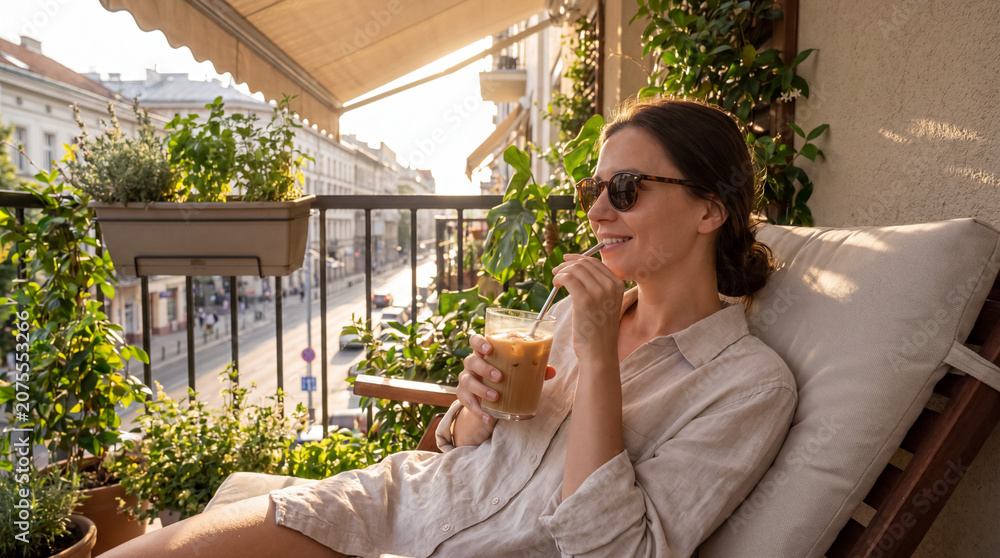 Fototapeta premium Woman enjoying iced coffee on balcony with city view during sunset, relaxing during summer evening at home