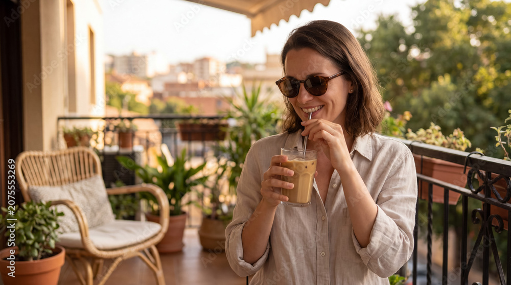 Fototapeta premium Woman enjoying iced coffee on outdoor balcony, relaxing in summer, urban lifestyle and city view