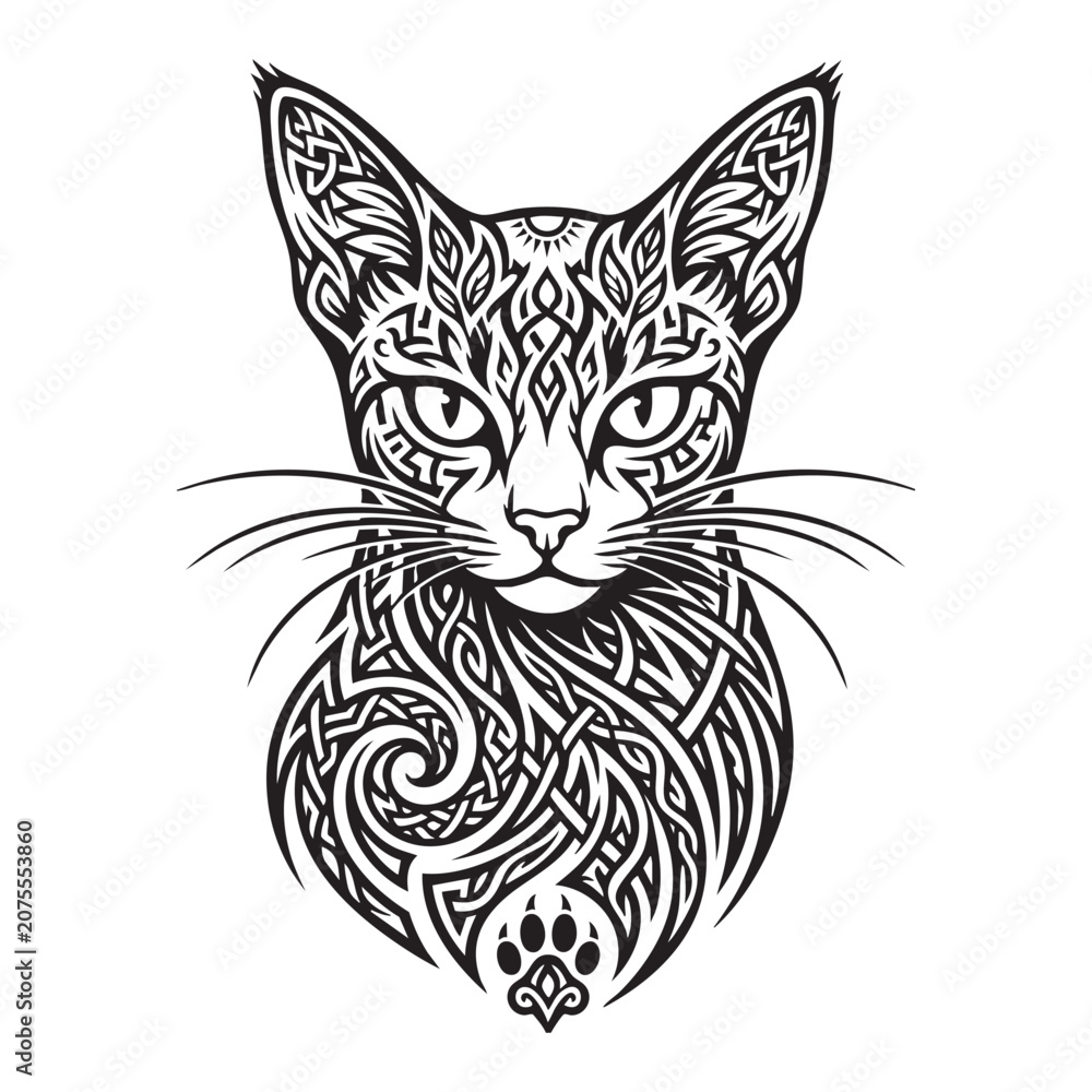 Fototapeta premium Celtic knotwork cat portrait illustration in black and white ink style
