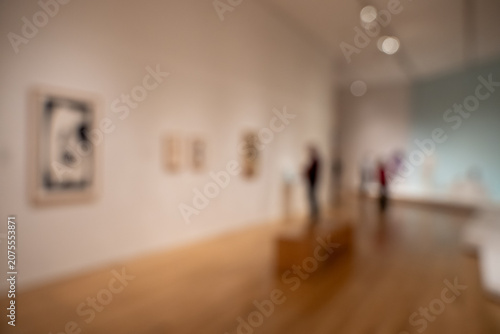 Blurred view of visitors inside an art museum gallery.