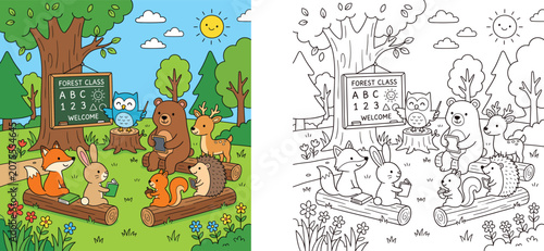 Cute forest school coloring page for kids with color guide, featuring outline and colored vector illustration of happy cartoon animals learning together in an outdoor classroom.