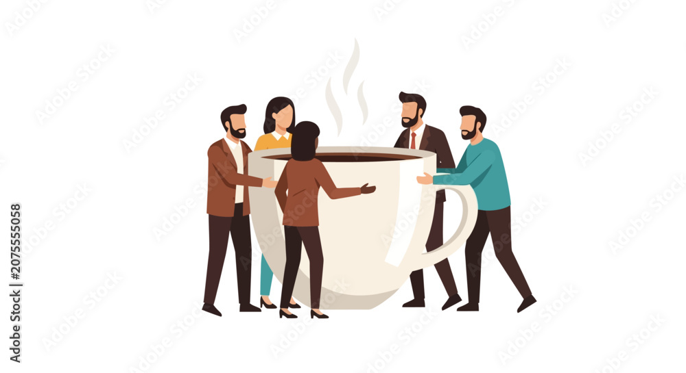 Fototapeta premium Diverse Business Team Collaborating Around a Giant Steaming Coffee Cup for Workplace Energy and Teamwork Concept