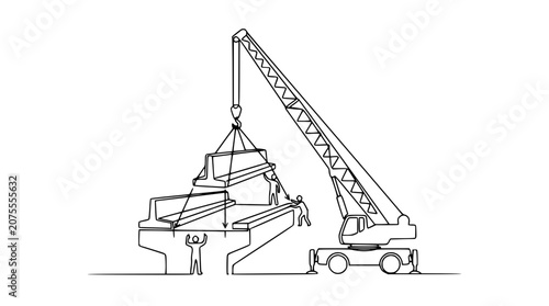 Foto Construction Crane Lifting Bridge Segment with Workers, Continuous Line Art