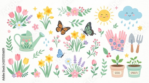Spring Garden Illustration with Flowers Butterflies Watering Can Sun and Rain
