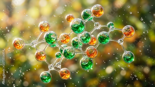Abstract 3D Molecular Structure with Liquid Droplets for Biotechnology and Eco Research