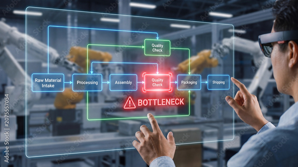 Fototapeta premium Augmented reality capacity constraint bottleneck analysis and smart manufacturing workflow visualization concept for engineer led production process optimization and quality control management