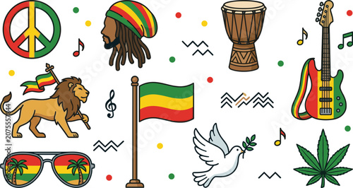 Bild auf Leinwand Reggae Music and Rastafari Culture Icon Collection with Lion, Peace Symbol, Djem