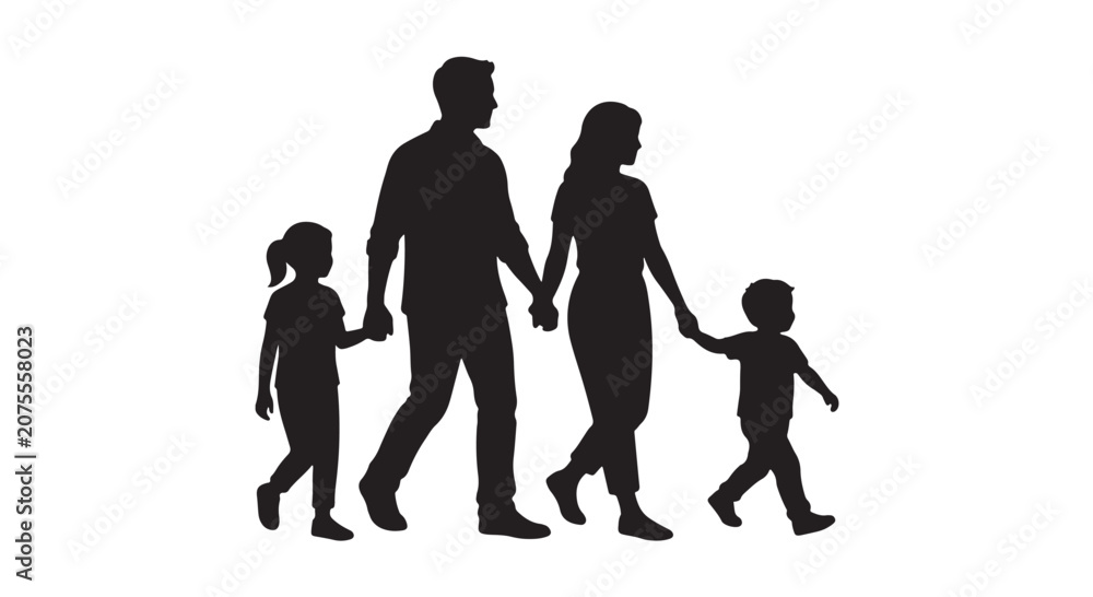 Obraz premium American family walking together silhouette, black and white premium vector, happy lifestyle concept, isolated on white background, modern minimal composition