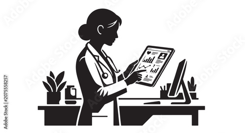 Bild auf Leinwand Doctor reviewing digital medical chart concept, monochrome silhouette, premium v