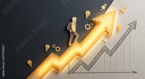 Luxury business illustration of a corporate executive walking on a glowing golden growth arrow. Represents wealth creation, financial success, investment strategy, leadership, business expansion