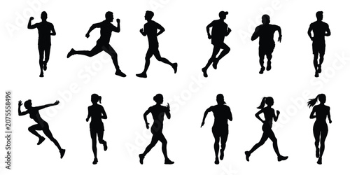 Running People Silhouette Icon Set – Athlete and Jogger Action Poses Vector Collection, EPS 10