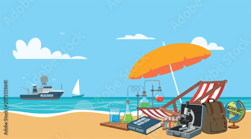 A vibrant conceptual illustration featuring scientific equipment, marine biology research tools, and a vessel set against a scenic tropical beach vacation background.