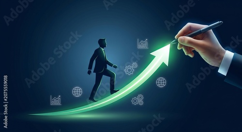 Minimal business illustration of a businessman walking toward a glowing green arrow with digital business icons. Represents financial progress, career growth, corporate strategy, innovation