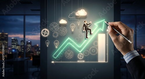 A modern business concept featuring a professional climbing a glowing green upward arrow inside a contemporary office environment. Symbolizing career advancement, business growth