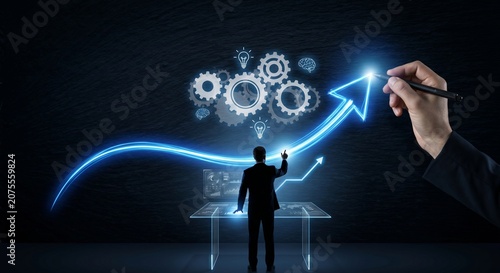 Modern digital business concept featuring glowing gears, a business silhouette, and a blue growth arrow representing innovation, automation, technology, strategic development, and corporate success.
