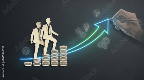 Business professionals ascending stacks of coins beside a glowing upward arrow, representing wealth creation, investment success, financial planning, career progression, and corporate growth.