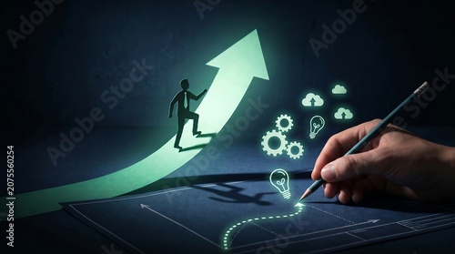 Minimalist business illustration showing a silhouette executive climbing a luminous upward arrow, symbolizing leadership, determination, career advancement, strategic planning, financial growth