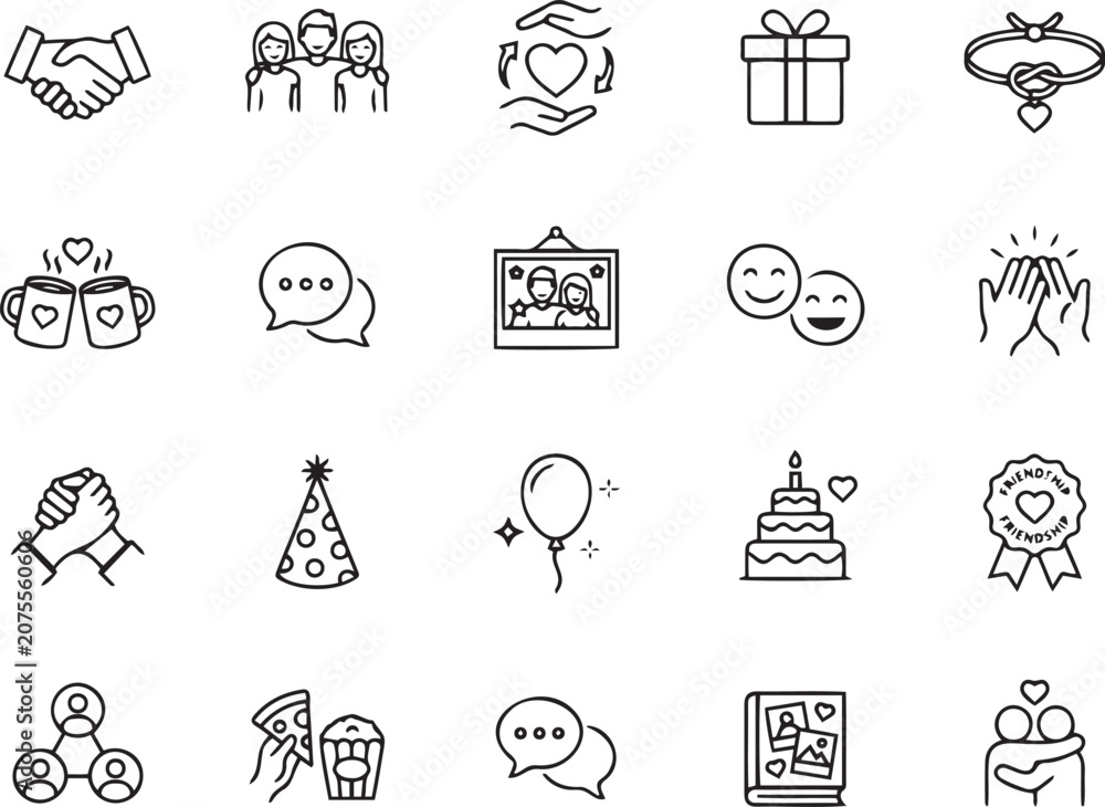 Fototapeta premium Friendship and Happy Celebration Icon Set, Relationship and Love Outline Vector Symbols
