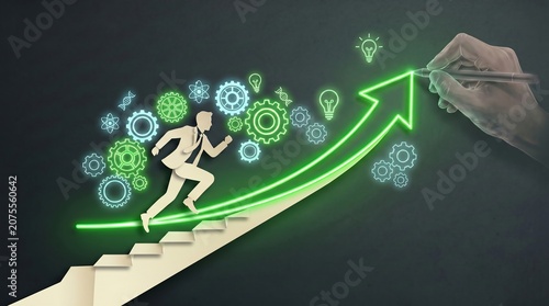 Creative business success illustration featuring an athlete running along a glowing green growth arrow surrounded by innovation icons. Represents motivation, achievement, personal development, financi