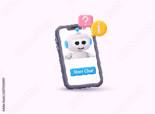 Voxel Style AI chatbot displayed on smartphone with question and information icons. Artificial intelligence assistant concept for FAQ, customer support