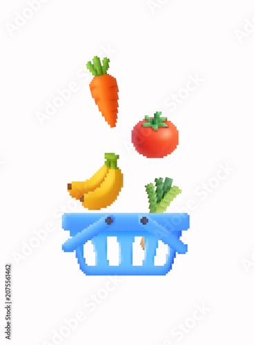 Voxel Style grocery shopping basket filled with fresh fruits and vegetables. Healthy food, supermarket, online grocery delivery and nutrition concept in pixel-inspired 3D illustration.