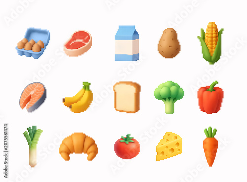 Voxel Style food icon collection with fresh vegetables, fruits, meat, dairy and bakery products. Pixel-inspired grocery illustration set for shopping