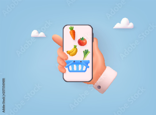 Voxel Style online grocery shopping app displayed on smartphone with shopping basket full of fresh fruits and vegetables. Mobile ecommerce, food delivery and supermarket application concept.