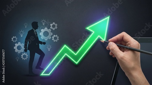 Modern business strategy concept featuring a luminous green upward arrow representing financial growth, innovation, corporate development, market expansion, and successful investment planning