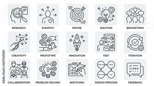 Flat Design Icons Showcasing Key Stages in the Design Thinking Journey